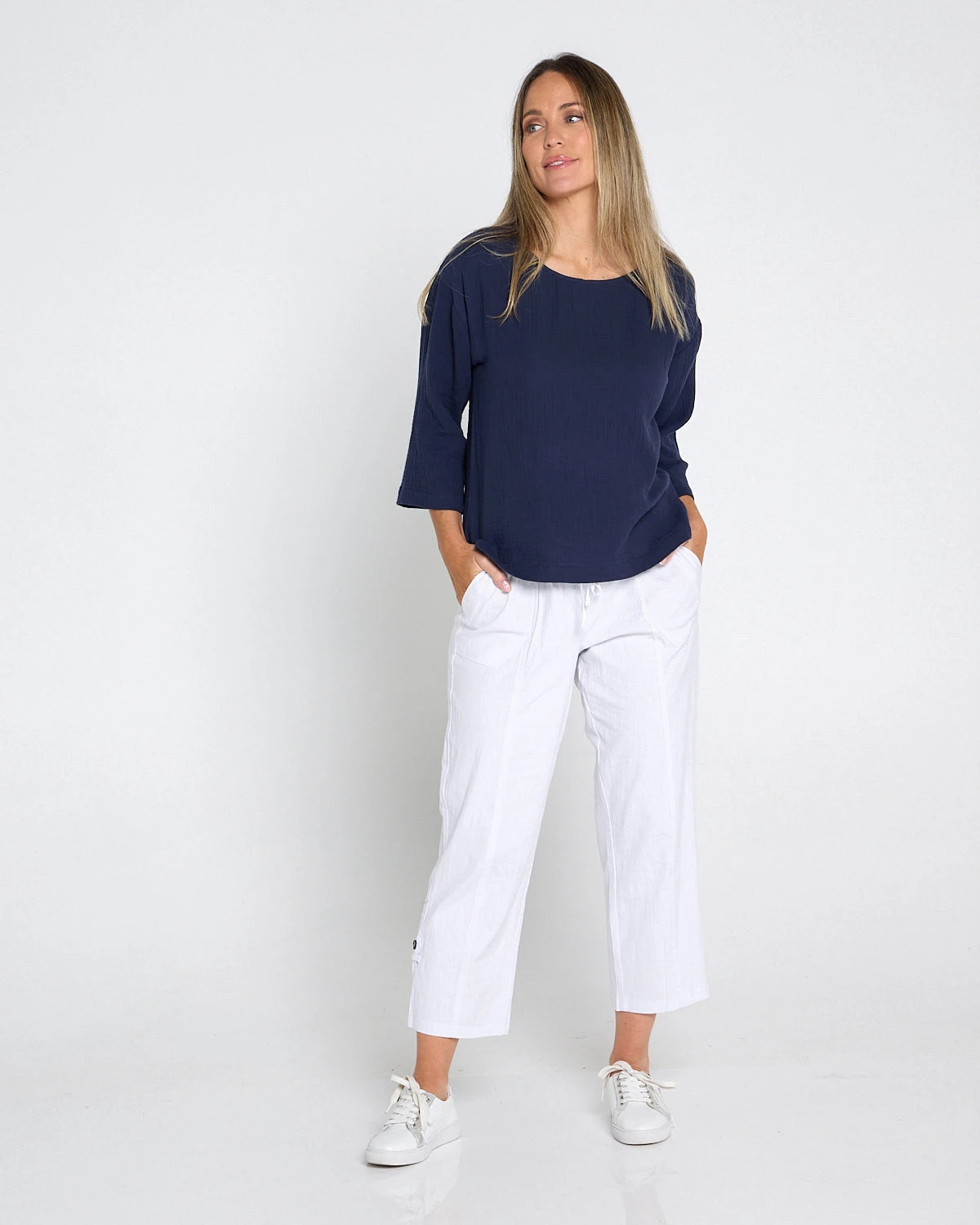 ULT31729TARIN_3_4_Sleeve_Top_Navy__36328_White_Cargo_Pant_Petite_175674x5_product-social-2.webp