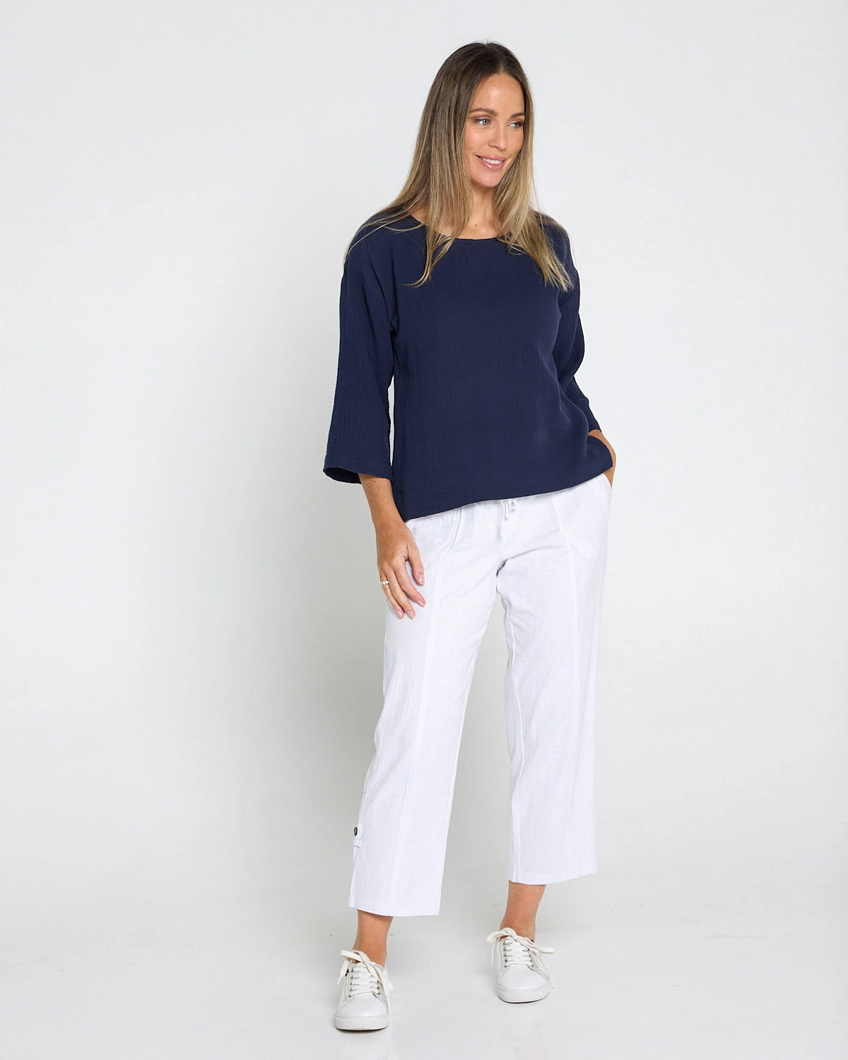 ULT31729TARIN_3_4_Sleeve_Top_Navy__36328_White_Cargo_Pant_Petite_175694x5_product-social-2.webp