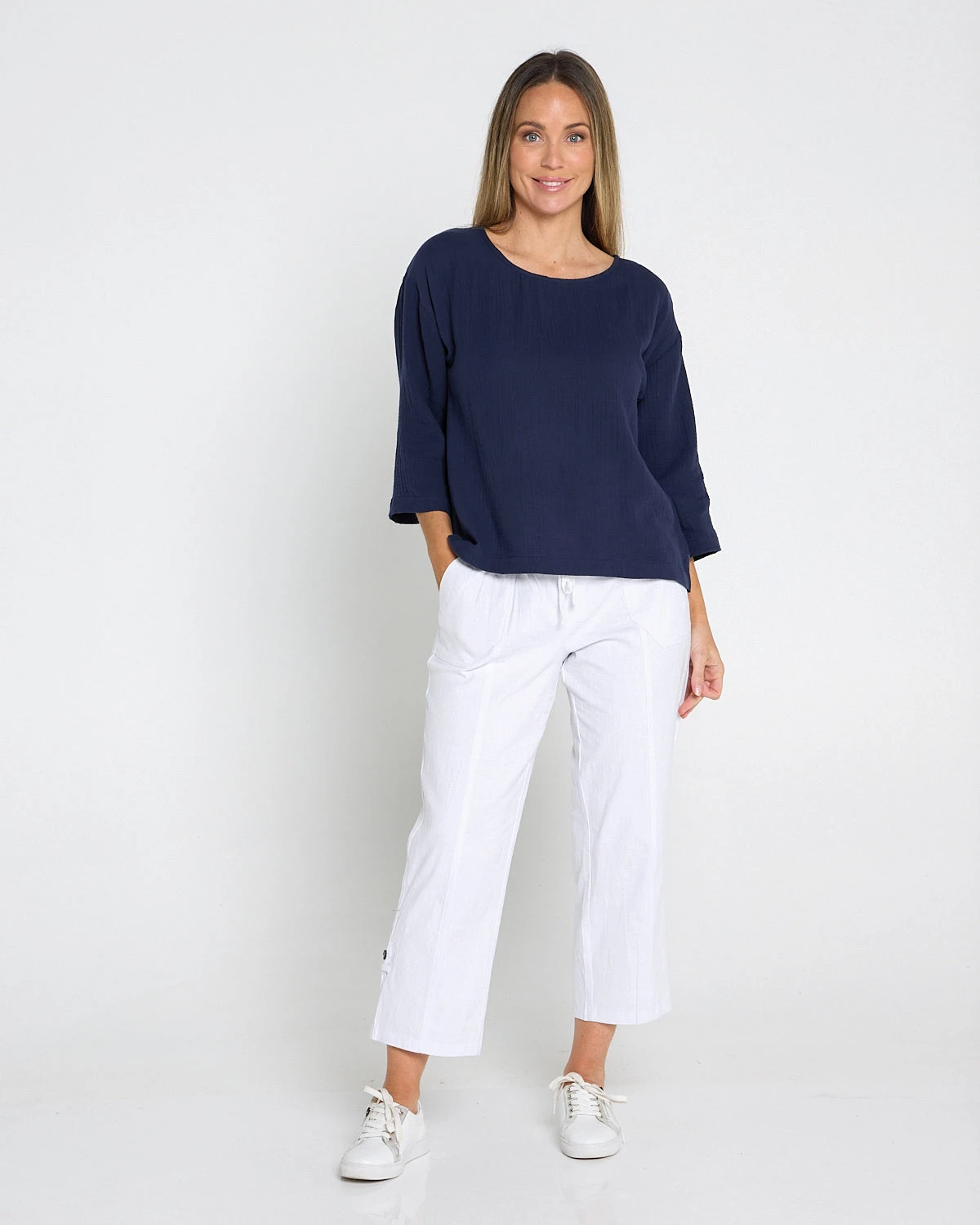 ULT31729TARIN_3_4_Sleeve_Top_Navy__36328_White_Cargo_Pant_Petite_175724x5_product-social-2.webp