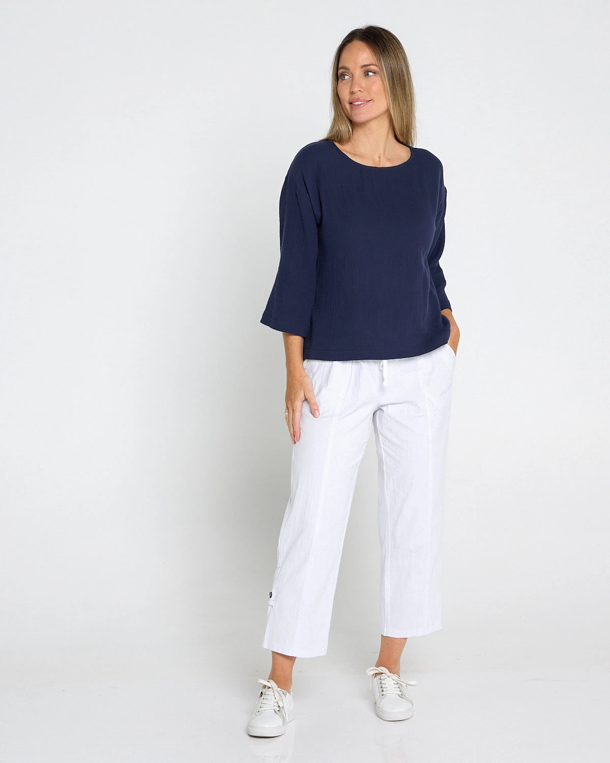 ULT31729TARIN_3_4_Sleeve_Top_Navy__36328_White_Cargo_Pant_Petite_175764x5_product-social-2.webp